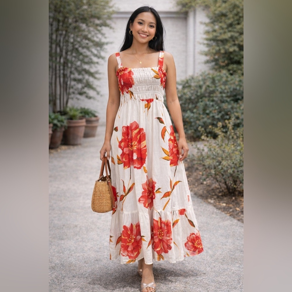 White House Black Market White Maxi Dress with Red Floral Print